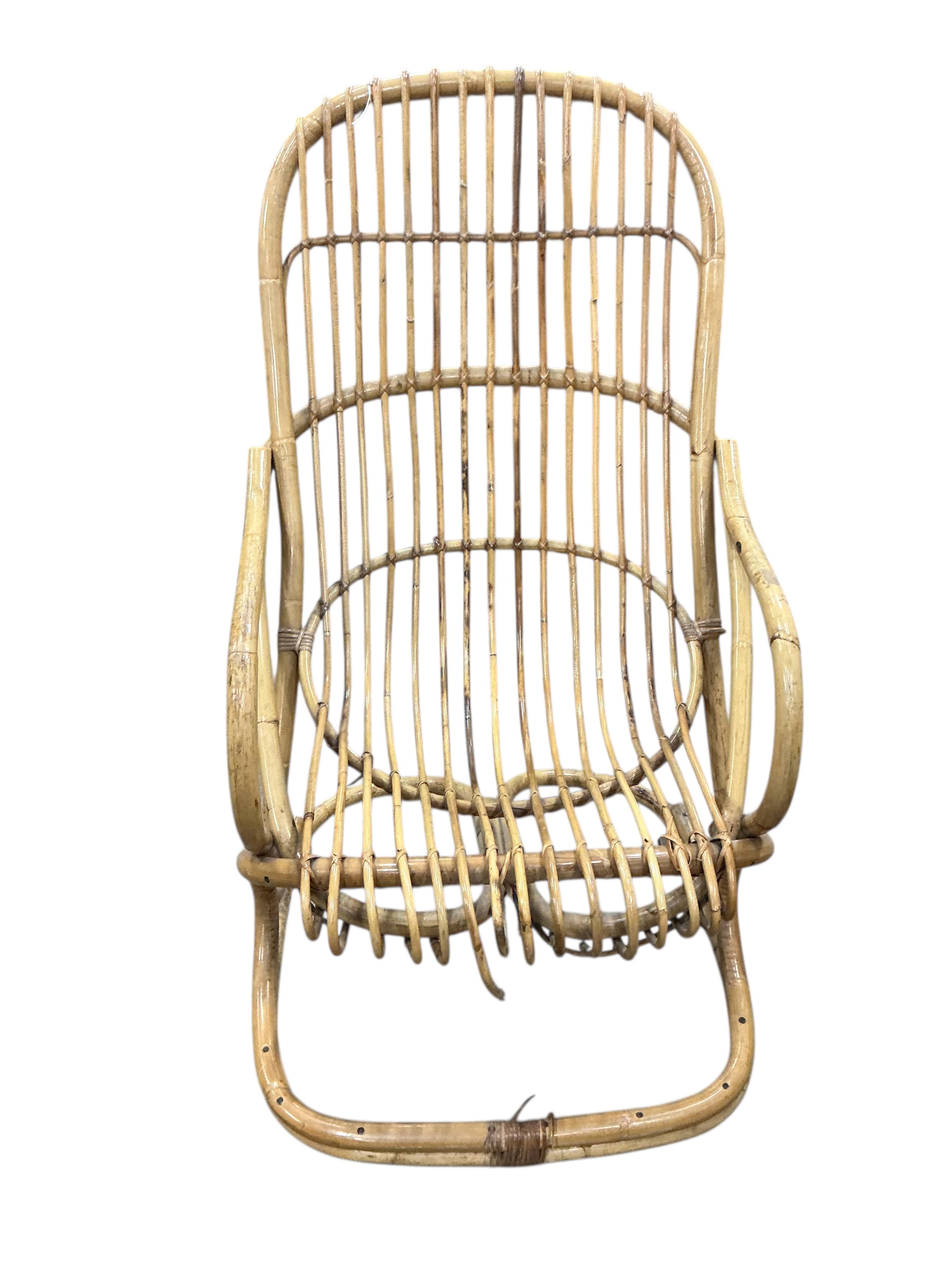 In the style of Tito Agnoli: A bamboo armchair and a bentwood rocking chair, larger width 62cm, depth 63cm, height 108cm